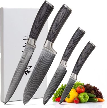 Набор из 4 профессиональных кухонных ножей дамасская сталь/дерево пакка Wakoli Edi