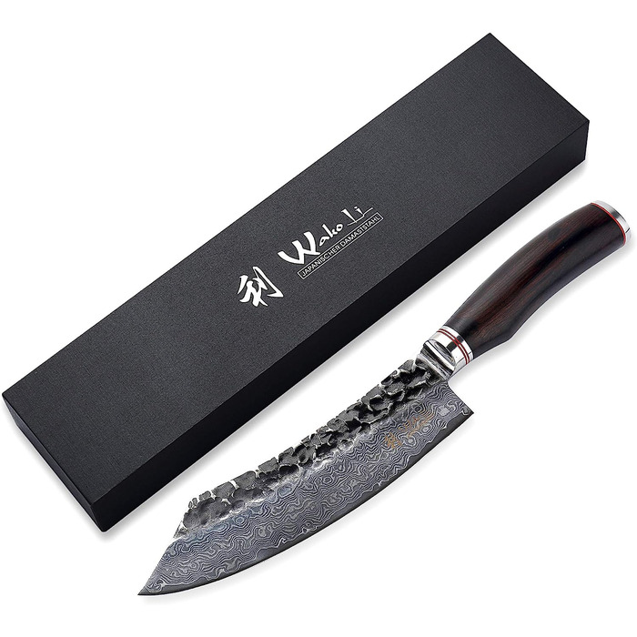 Профессиональный нож из натуральной дамасской стали с рукояткой из молота и натурального дерева 20 см Wakoli