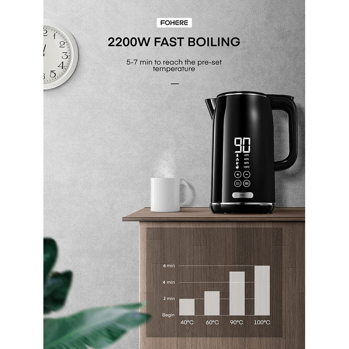 Электрочайник с двойными стенками 1,7 л 2200 Вт Black FOHERE