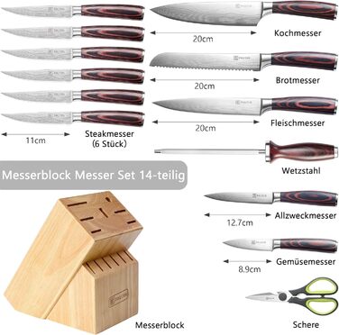 Набор кухонных ножей с деревянным блоком 14 предметов PAUDIN