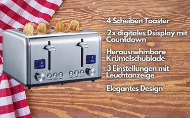 Тостер Steinborg XXL / 1630 Вт / цифровой дисплей / на 4 ломтика / с насадкой для булочек / функция размораживания / выдвижной лоток для крошек