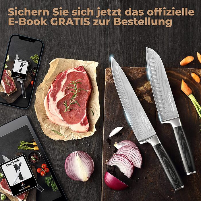 Поварской нож FlavourBomb из 67 слоев дамасской стали, рукоять из микарты, 20 см