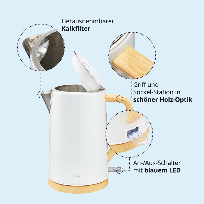 KHG Электрочайник 1,7 л нержавеющая сталь/пластик скандинавский стиль White KHG