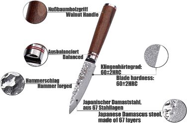 Профессиональный поварской нож из натуральной дамасской стали с рукояткой из орехового дерева 9 см 67 Wakoli