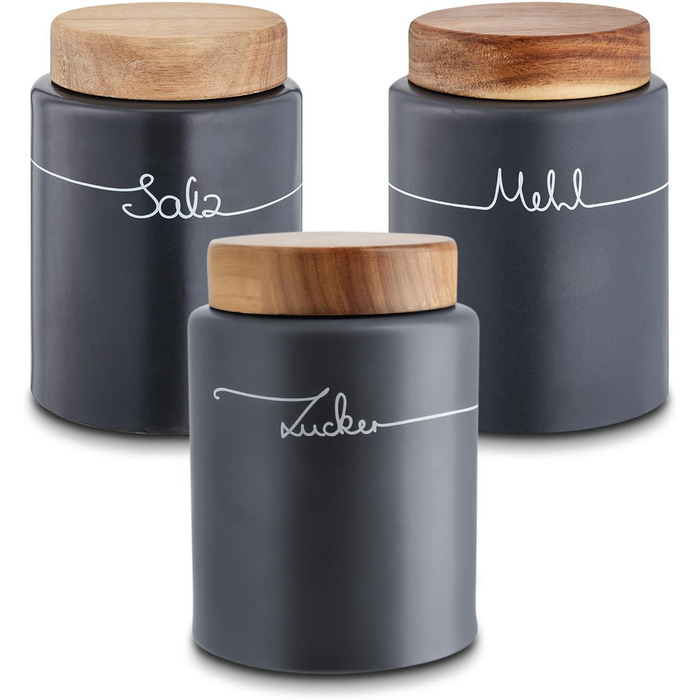 KHG Набор из 3 емкостей для хранения сахара, соли и муки антрацит керамика/бамбук KHG