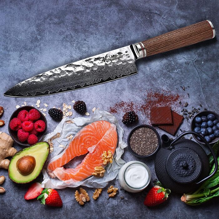 Профессиональный поварской нож из настоящей дамасской стали и рукояткой из изысканного орехового дерева 20 см Wakoli Exclusive Premium