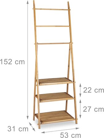 Вешалка для полотенец бамбуковая, складная, маленькая вешалка для одежды, 3 полки, 3 вешалки для полотенец, 4 боковых крючка, ВхШхГ 152 x 53 x 31 см, дерево, натуральный Коттедж