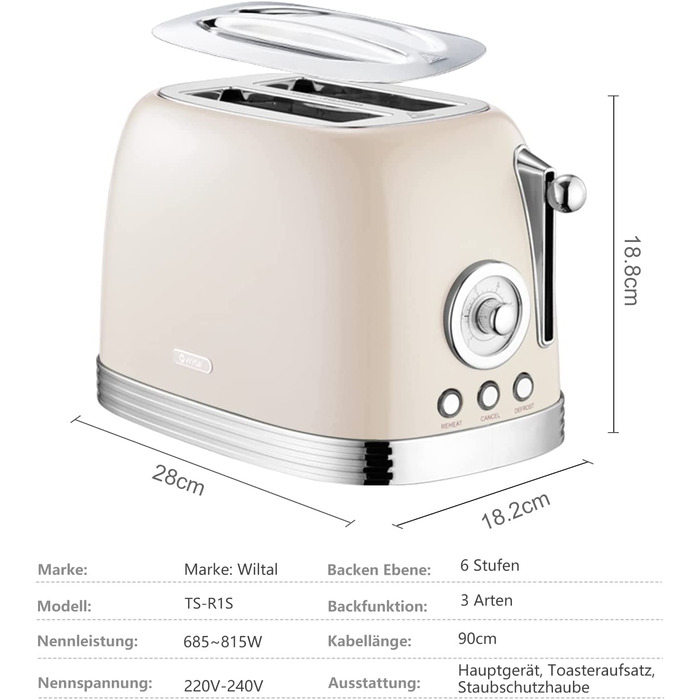 Тостер Wiltal / 815 Вт / на 2 ломтика / с насадкой для булочек / таймер обратного отсчета