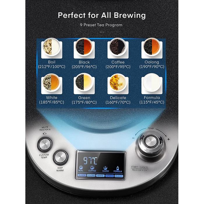 Электрочайник с регулировкой температуры 1,7 л 2200 Вт FOHERE