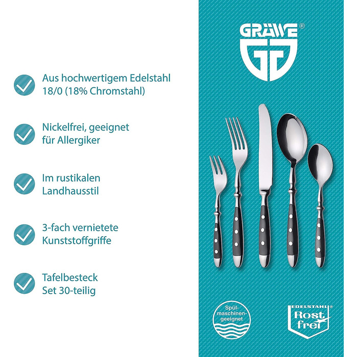 Набор столовых приборов на 6 человек, 30 предметов, нержавеющая сталь Nuremberg Series GRÄWE