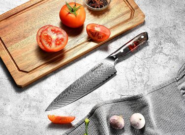 Поварской нож Damaso DMS-127 из 67 слоев дамасской стали, рукоять из дерева, красно-черная