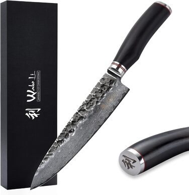 Профессиональный нож из натуральной дамасской стали с рукояткой из молота и дерева пакка 20 см Wakoli