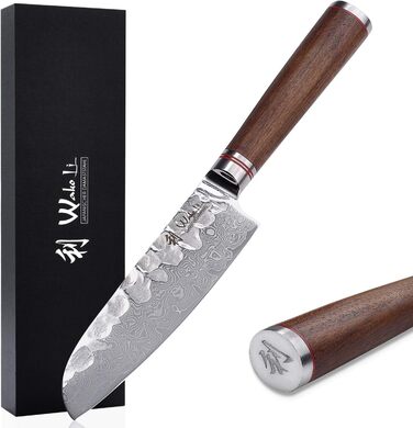 Профессиональный поварской нож сантоку из настоящей дамасской стали с рукояткой из орехового дерева 12 см Wakoli