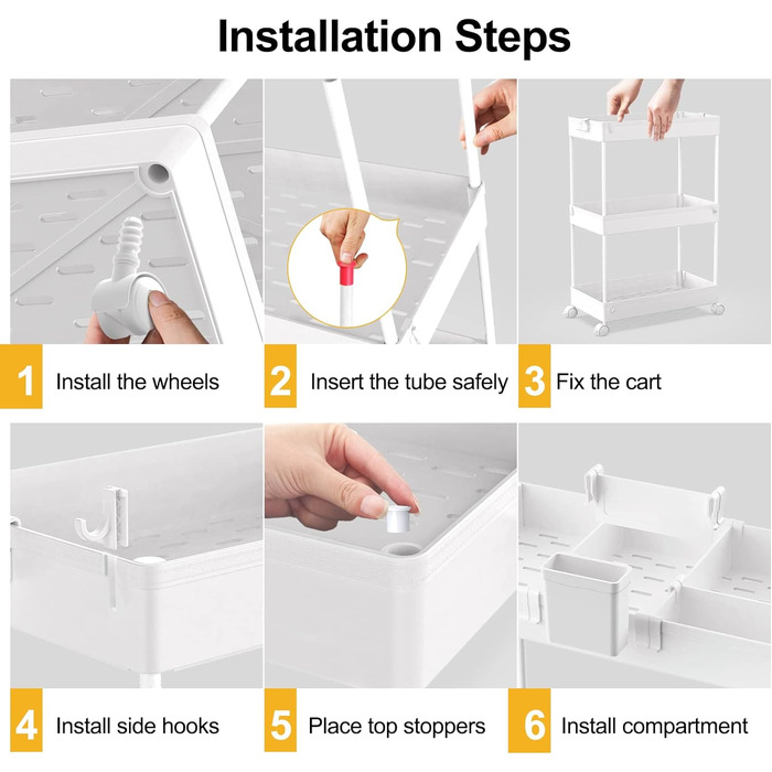 Полка на колёсиках с 4 уровнями, с 6 крючками, с 2 контейнерами, белая SPACEKEEPER