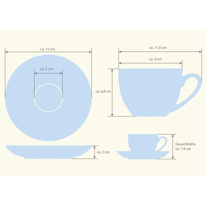 Набор кофейных чашек и блюдей из фарфора Buchensee Fine Bone China на 6 персон, 210 мл