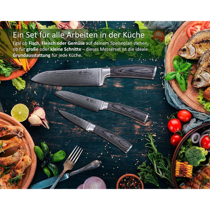 Wakoli Набор из 3 профессиональных кухонных ножей дамасская сталь/дерево пакка Edis Wakoli