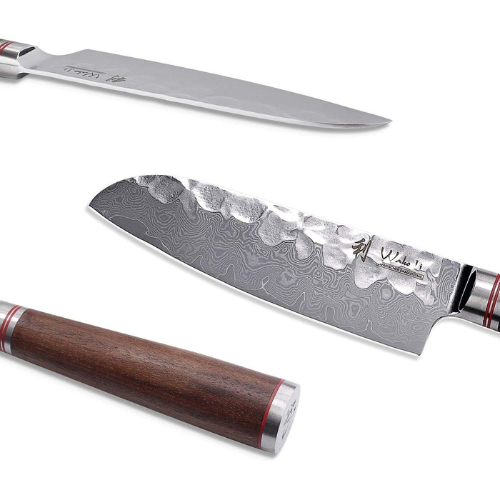 Профессиональный поварской нож сантоку из настоящей дамасской стали с рукояткой из орехового дерева 12 см Wakoli