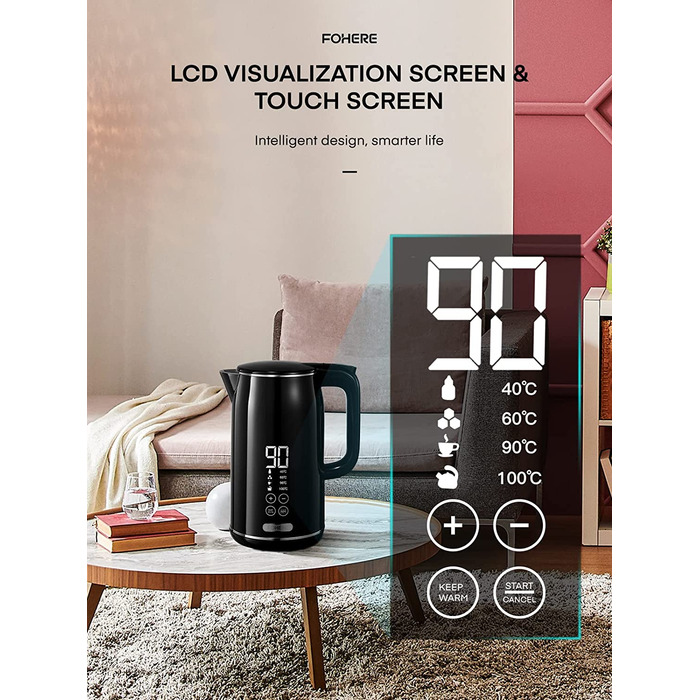 Электрочайник с двойными стенками 1,7 л 2200 Вт Black FOHERE