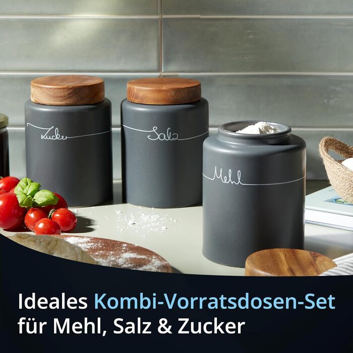 KHG Набор из 3 емкостей для хранения сахара, соли и муки антрацит керамика/бамбук KHG