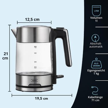 KHG Электрочайник 1 л 2200 Вт стекло/нержавеющая сталь WK-106 GE KHG