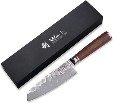 Профессиональный поварской нож сантоку из настоящей дамасской стали с рукояткой из орехового дерева 12 см Wakoli