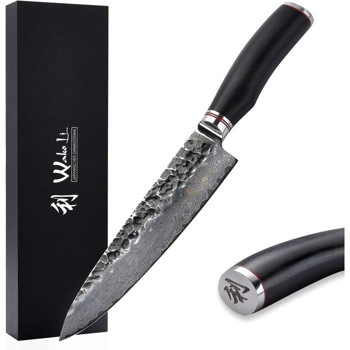 Профессиональный нож из натуральной дамасской стали с рукояткой из молота и дерева пакка 20 см Wakoli
