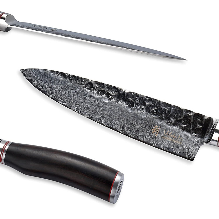 Профессиональный нож из натуральной дамасской стали с рукояткой из молота и дерева пакка 20 см Wakoli