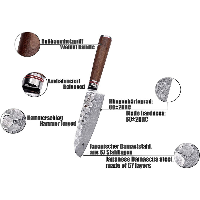 Профессиональный поварской нож сантоку из настоящей дамасской стали с рукояткой из орехового дерева 12 см Wakoli
