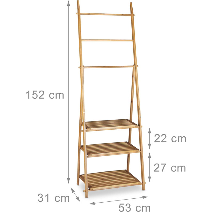 Вешалка для полотенец бамбуковая, складная, маленькая вешалка для одежды, 3 полки, 3 вешалки для полотенец, 4 боковых крючка, ВхШхГ 152 x 53 x 31 см, дерево, натуральный Коттедж